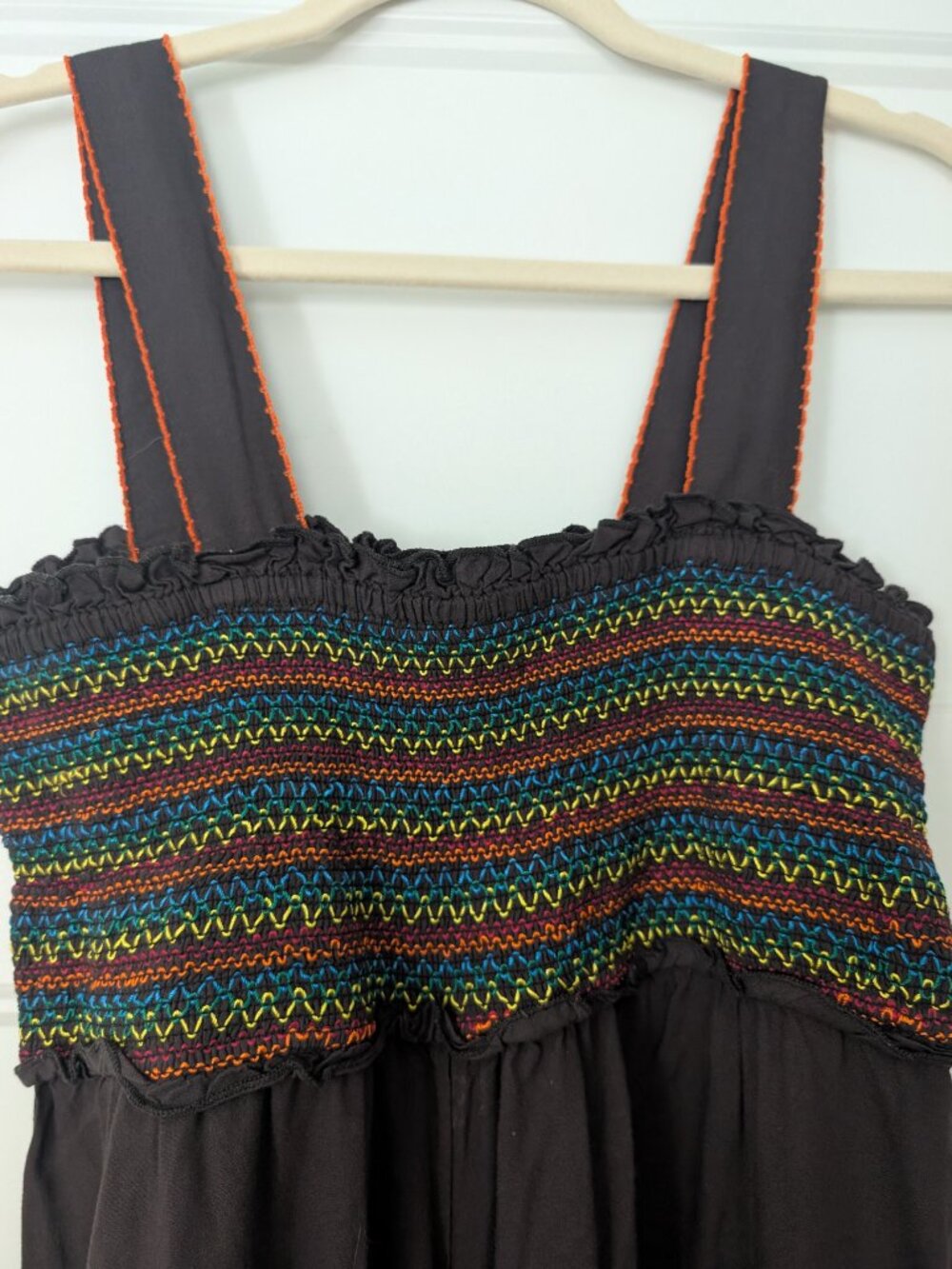 Natural Life Smocked Wide Leg Jumpsuit Brown Rainbow Embroidery M 100% Rayon - Picture 2 of 4